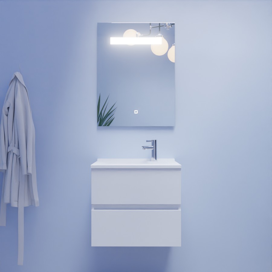 Ensemble meuble salle de bain simple vasque Rosaly blanc 60 cm avec plan vasque en résine miroir LED élégance 