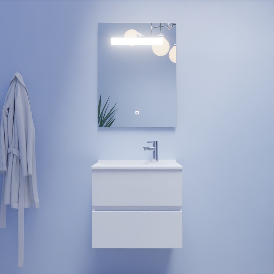 Meuble de Salle de Bain Suspendu 60 cm Blanc avec Miroir avec