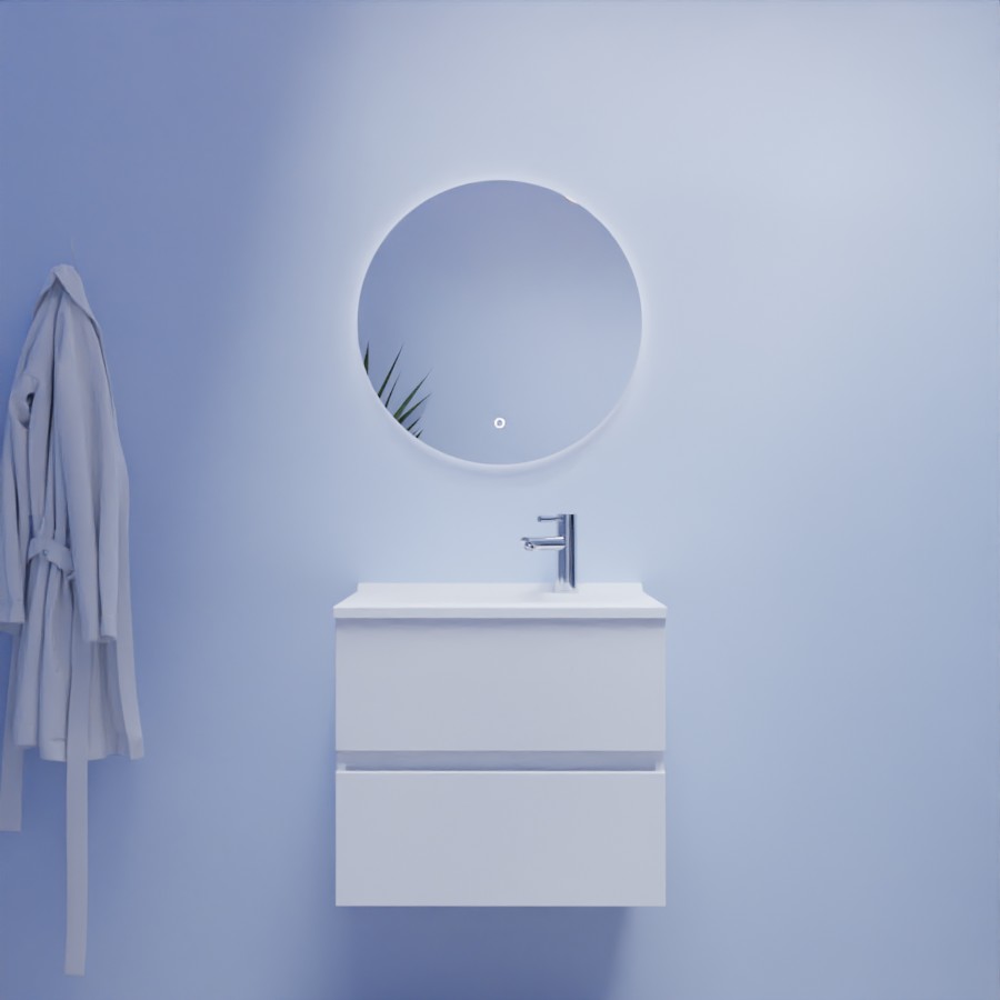 Ensemble meuble salle de bain Rosaly blanc 60 cm avec plan vasque en résine et miroir LED rond fazzio 