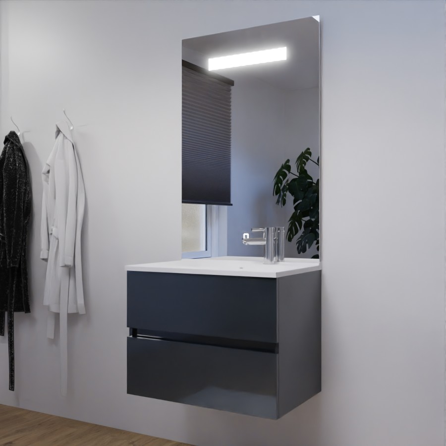 Ensemble meuble salle de bain 70 cm à tiroir ROSALY gris anthracite avec plan simple vasque et miroir LED Elégance grande hauteur