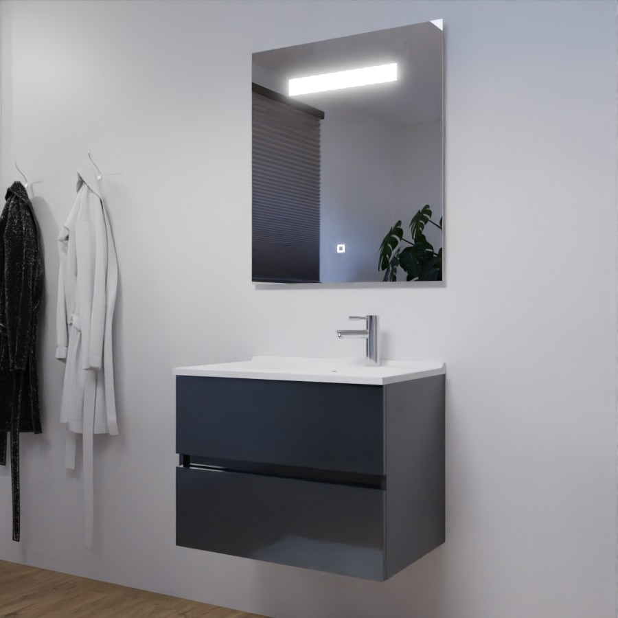 nsemble meuble salle de bain 70 cm à tiroir ROSALY gris anthracite avec plan simple vasque et miroir LED Elégance 
