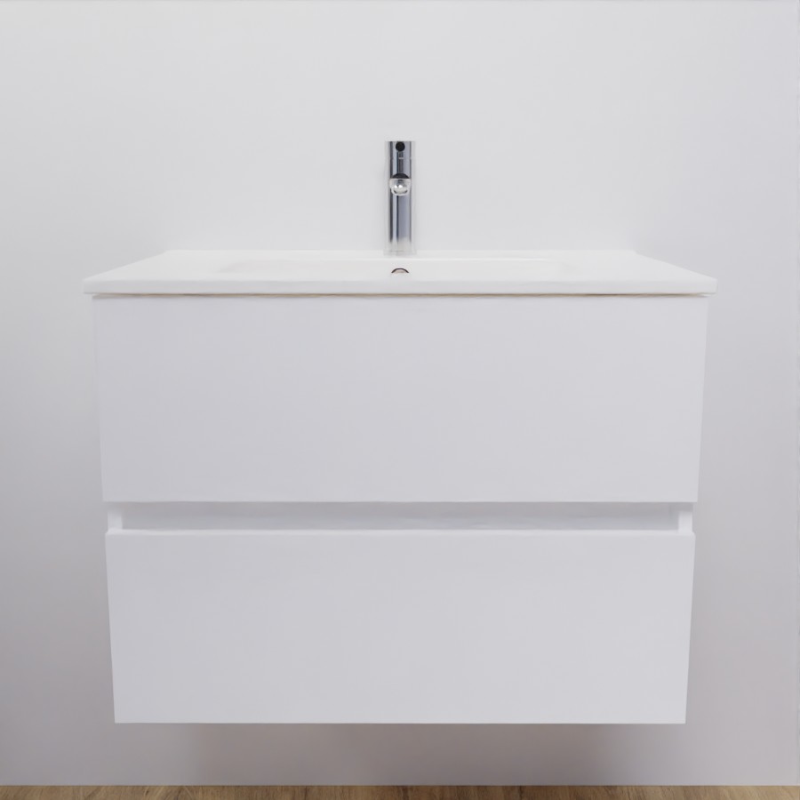 Ensemble meuble salle de bain 70 cm ROSALY couleur blanc brillant avec plan simple vasque en céramique