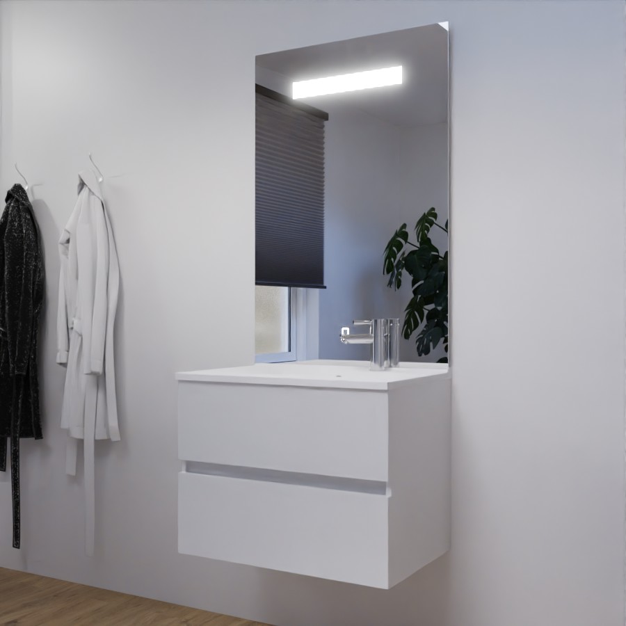 Ensemble meuble salle de bain 70 cm à tiroir ROSALY blanc avec plan simple vasque et miroir LED Elégance grande hauteur