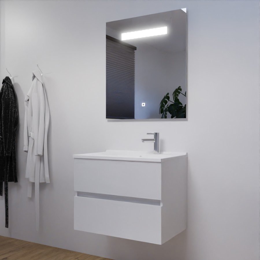 Ensemble meuble salle de bain 70 cm à tiroir ROSALY  blanc avec plan simple vasque et miroir LED Elégance