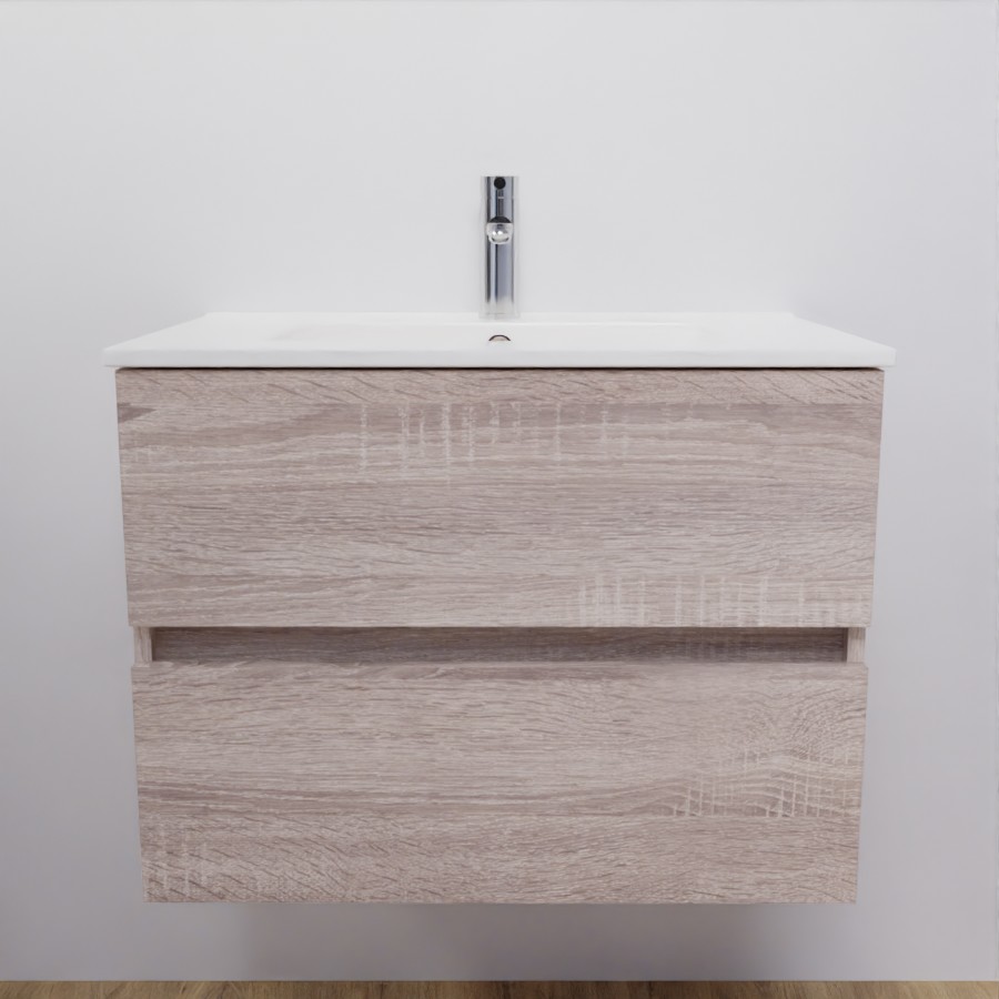 Ensemble meuble salle de bain 70 cm ROSALY couleur bois avec plan simple vasque en céramique