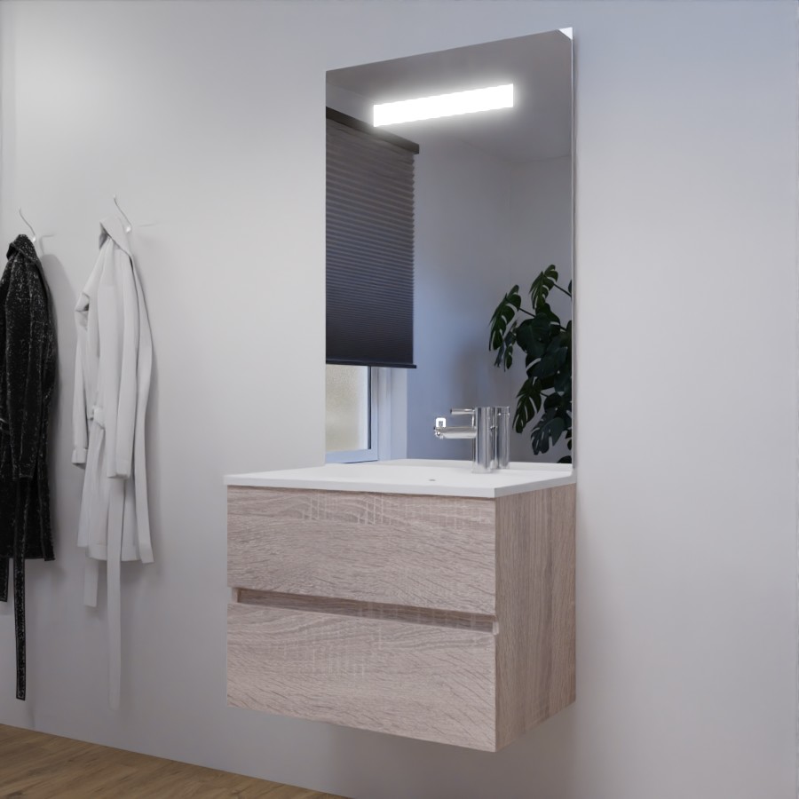 Ensemble meuble salle de bain 70 cm à tiroir ROSALY aspect bois avec plan simple vasque et miroir LED Elégance grande hauteur