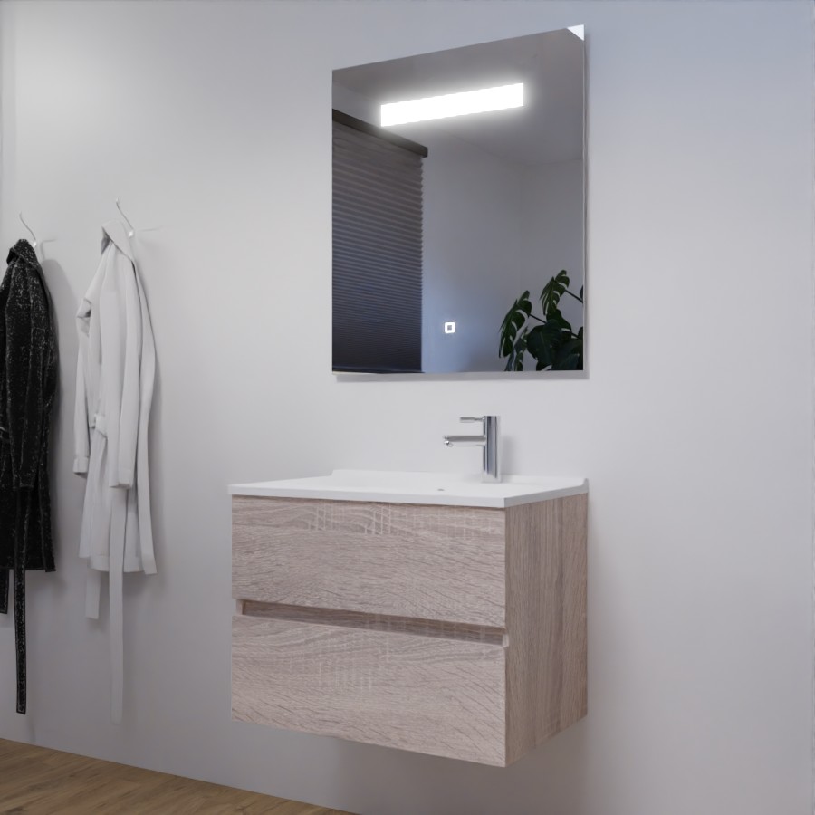 Ensemble meuble salle de bain 70 cm à tiroir ROSALY aspect bois avec plan simple vasque et miroir LED Elégance