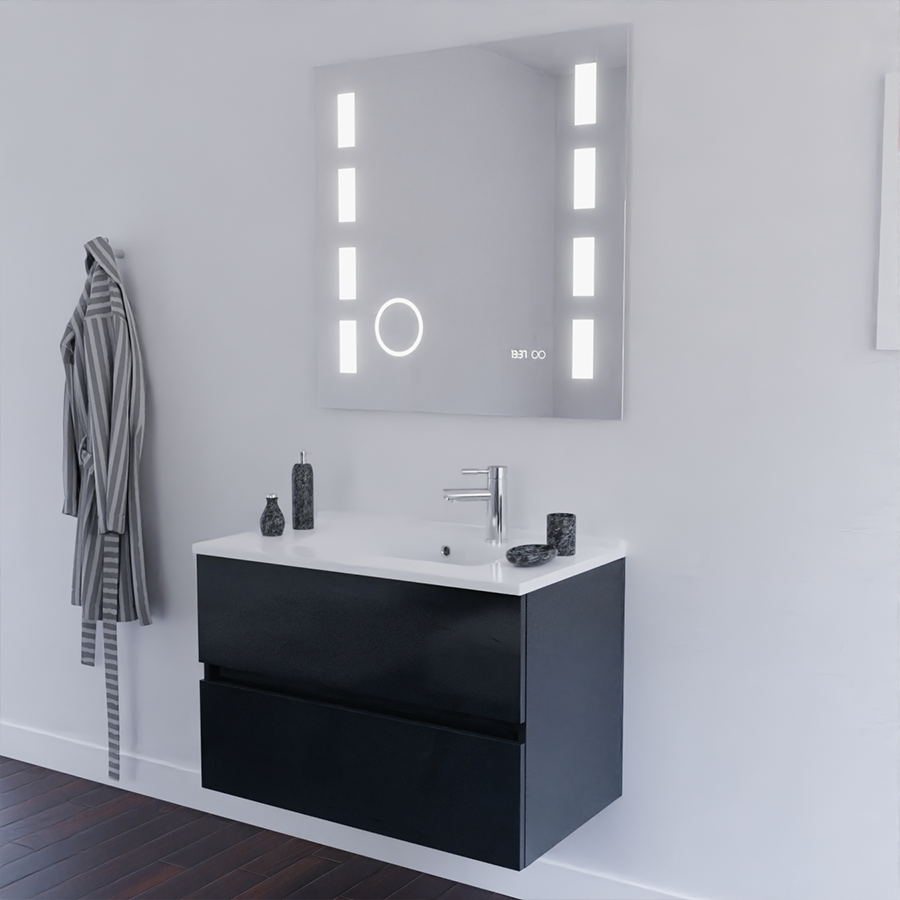 Ensemble meuble salle de bain 80 cm avec miroir ROSALY gris anthracite avec miroir LED Excellence