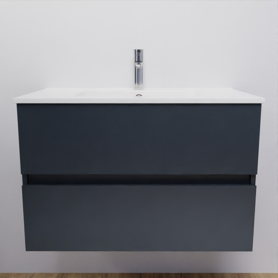 Ensemble meuble salle de bain 80 cm ROSALY couleur gris anthracite brillant 2 tiroirs avec plan vasque en céramique 