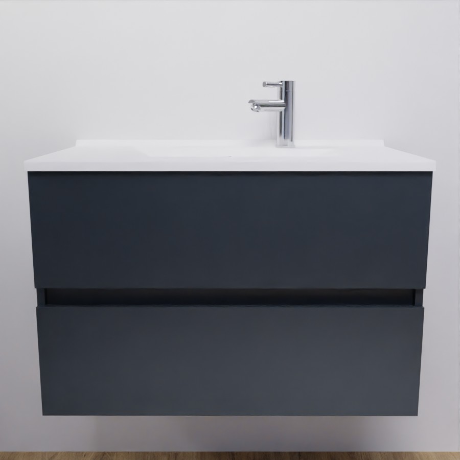 Ensemble meuble salle de bain 80 cm ROSALY couleur gris anthracite brillant 2 tiroirs avec plan vasque en résine
