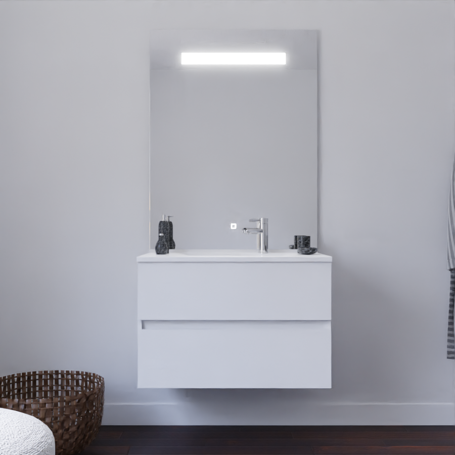 Ensemble meuble salle de bain 80 cm avec miroir ROSALY blanc avec miroir LED Elegance grande hauteur
