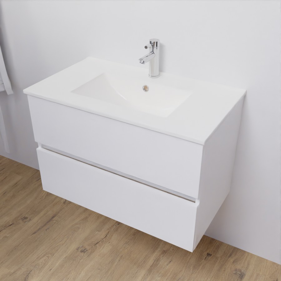 Ensemble meuble salle de bain 80 cm ROSALY couleur blanc brillant avec plan vasque en céramique vue dessus