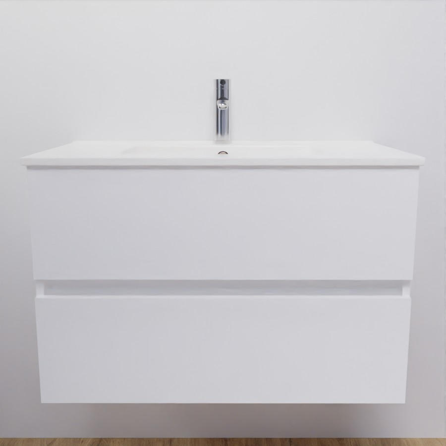Ensemble meuble salle de bain 80 cm ROSALY couleur blanc brillant avec plan vasque en céramique 
