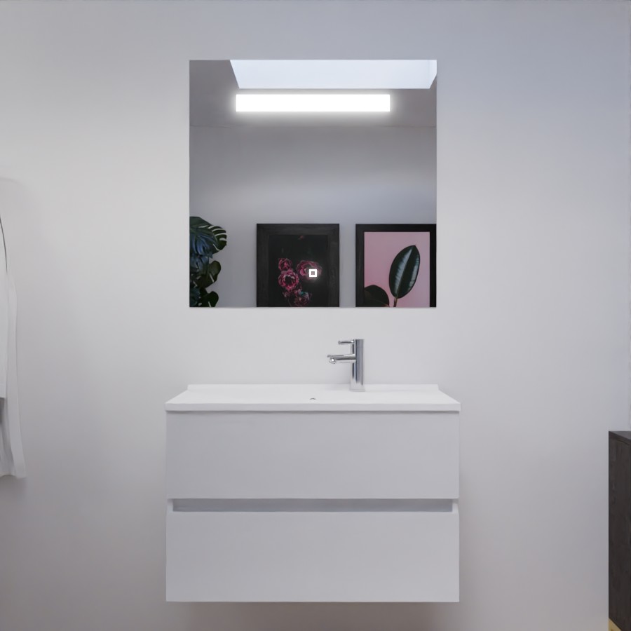 Ensemble meuble salle de bain 80 cm avec miroir ROSALY blanc avec miroir LED Elegance
