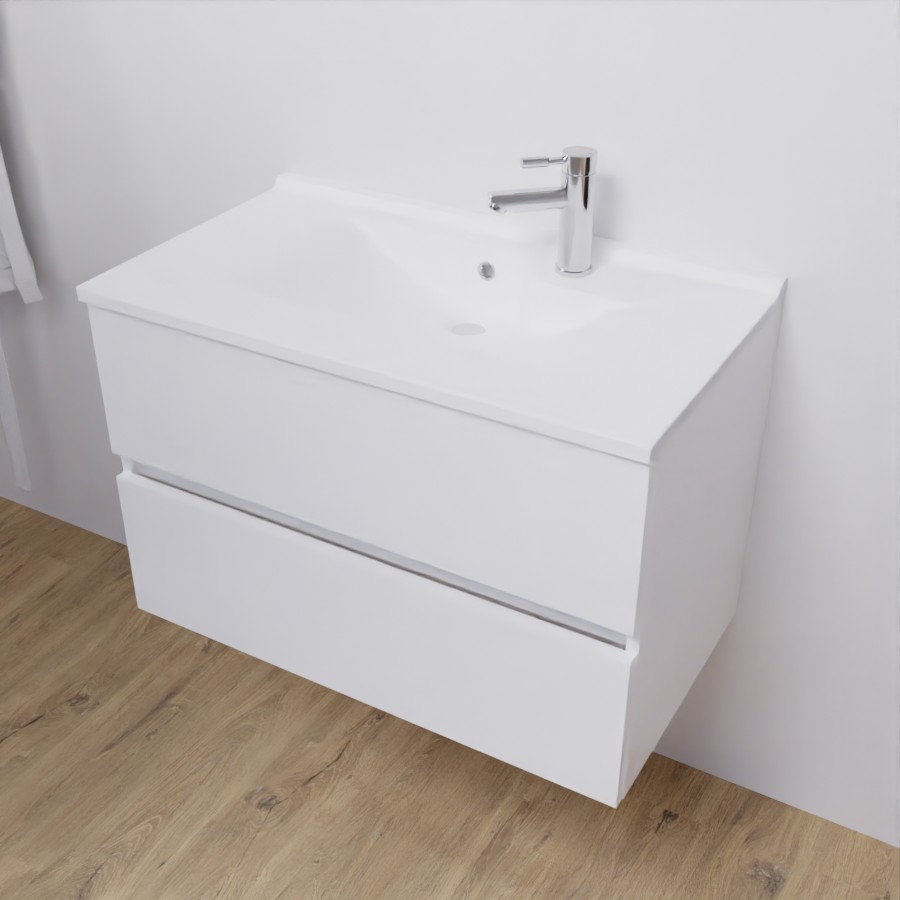 Ensemble meuble salle de bain 80 cm ROSALY couleur blanc brillant avec plan vasque en résine vue dessus