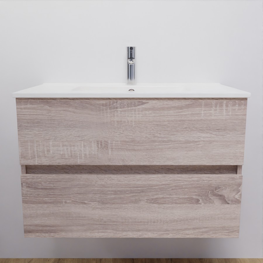 Ensemble meuble salle de bain 80 cm ROSALY couleur bois cambrian oak avec plan vasque en céramique 