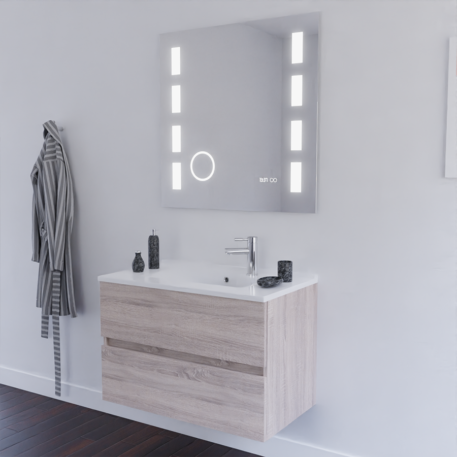Ensemble meuble salle de bain 80 cm avec miroir ROSALY coloris cambrian oak aspect boisavec miroir LED Excellence