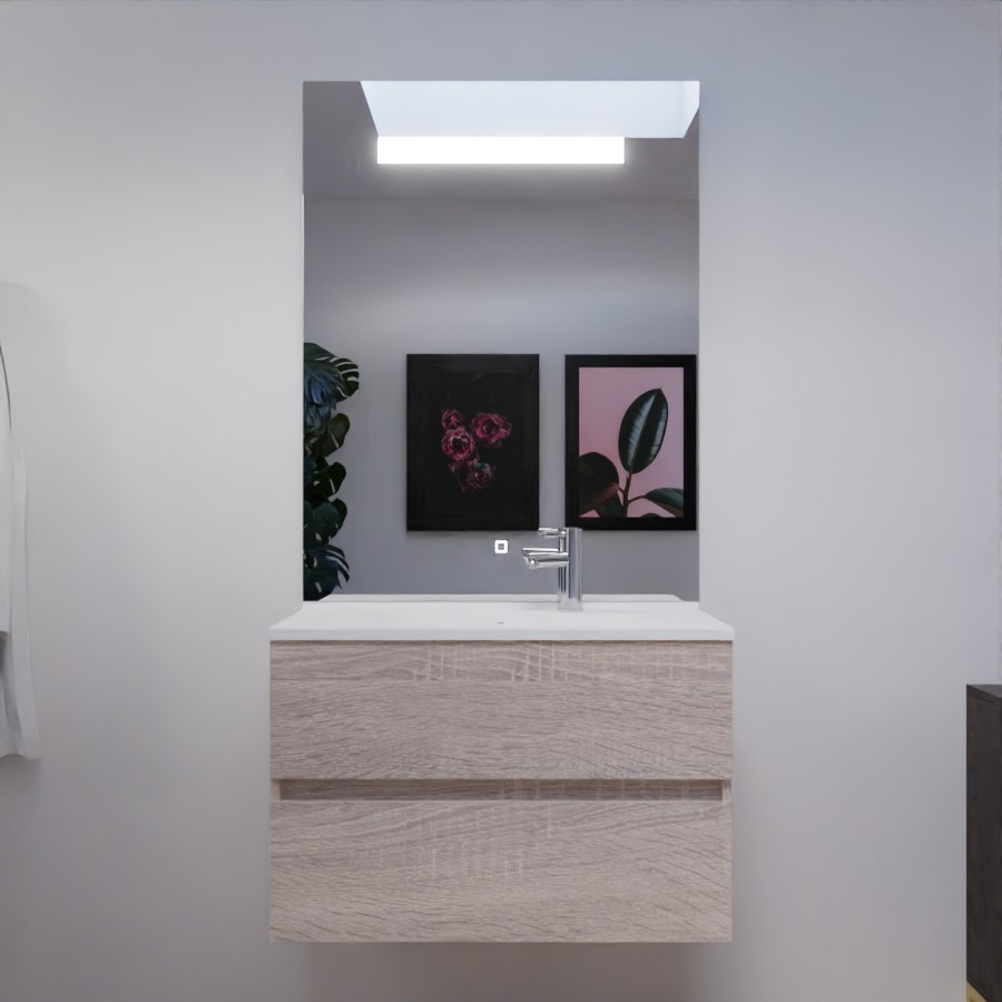 Ensemble meuble salle de bain 80 cm avec miroir ROSALY coloris cambrian oak aspect boisavec miroir LED Elegance grande hauteur