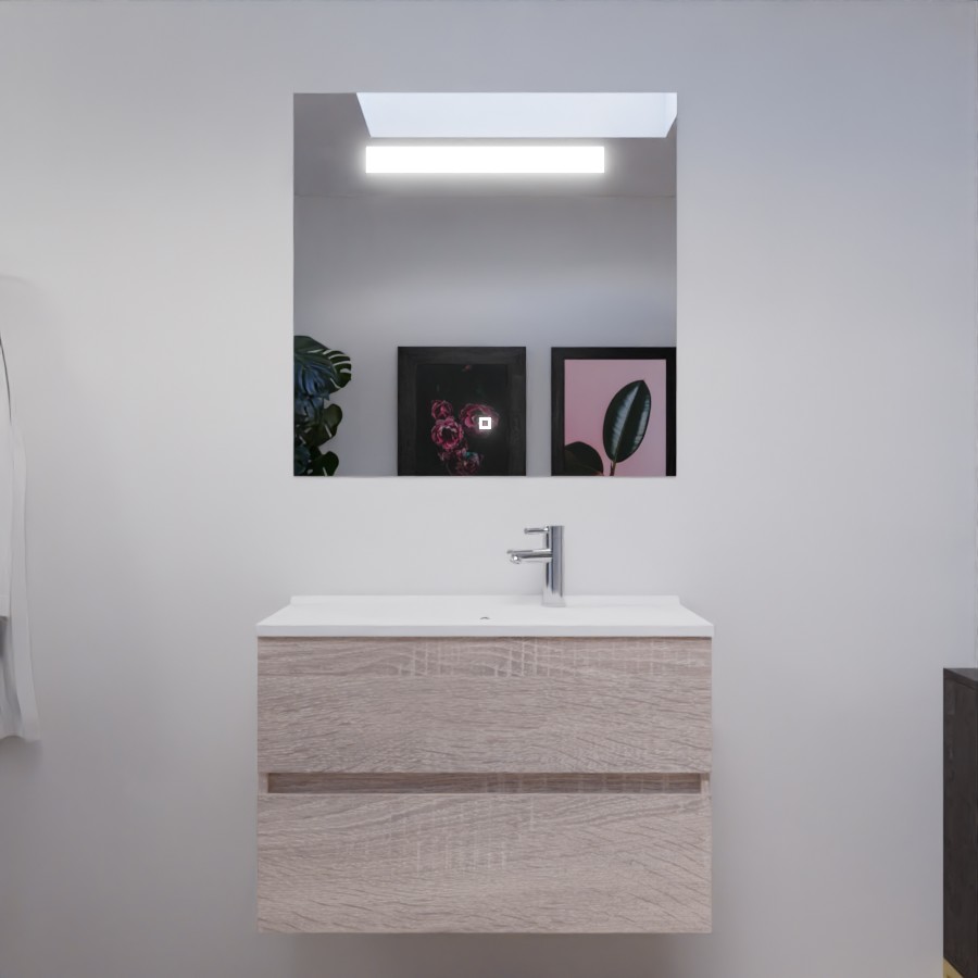 Ensemble meuble salle de bain 80 cm avec miroir ROSALY coloris cambrian oak aspect boisavec miroir LED Elegance