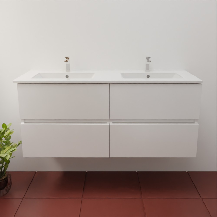 Ensemble meuble salle de bain 120 cm en inox coloris blanc mat et plan double vasque en  céramique 46 cm de profondeur 