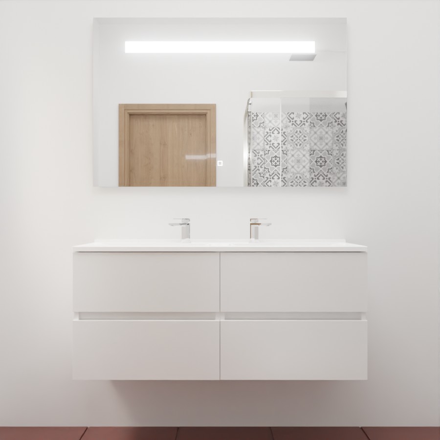 Ensemble meuble salle de bain 120 cm x 46 cm ROSINOX avec meuble à tiroir coloris blanc mat, plan double vasque en résine et miroir LED élégance 120 cm x 80 cm de hauteur