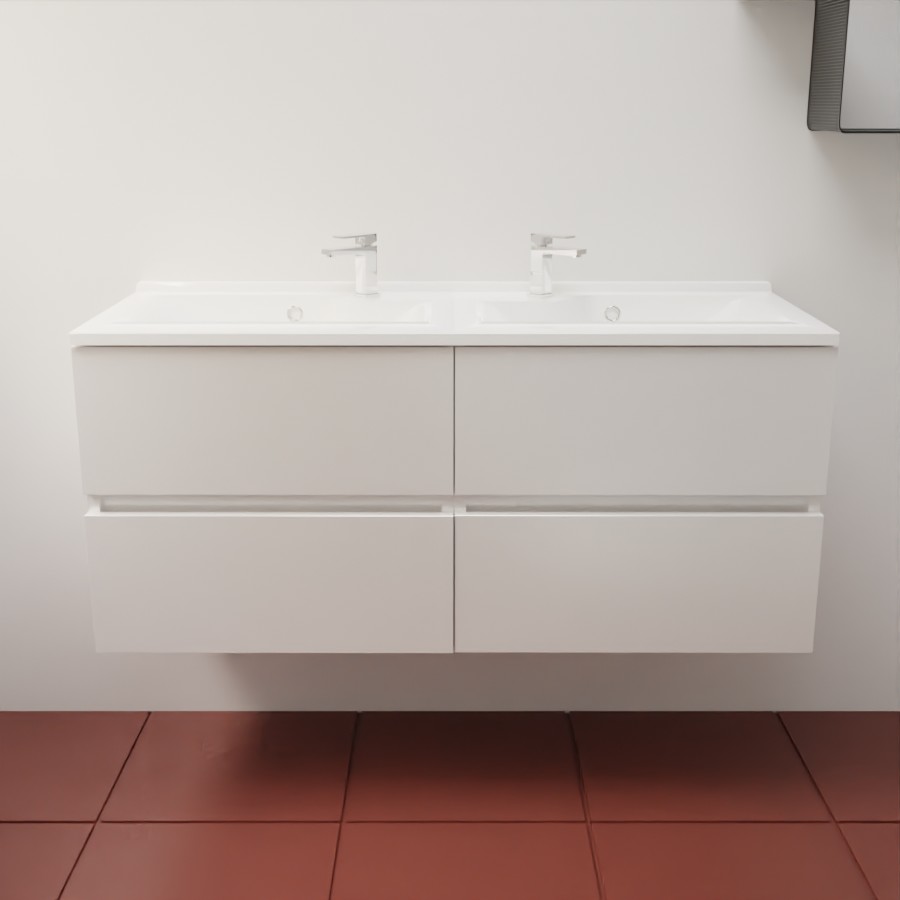 Ensemble meuble salle de bain 120 cm en inox coloris blanc mat et plan double vasque en résine 46 cm de profondeur 