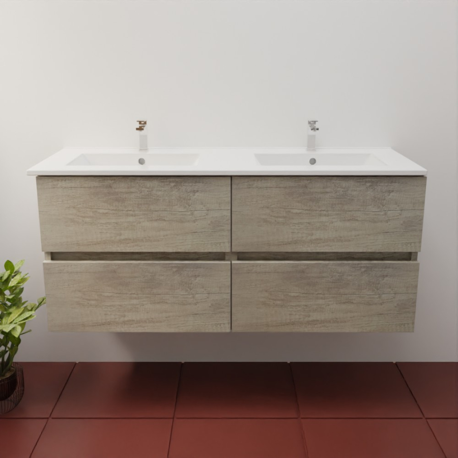 Ensemble meuble salle de bain 120 cm en inox coloris chêne et plan double vasque en céramique 46 cm de profondeur
