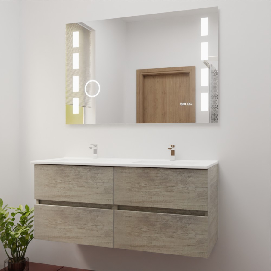 Ensemble meuble salle de bain 120 cm x 46 cm ROSINOX avec meuble à tiroir coloris chene, plan double vasque en céramique et miroir LED et fonction loupe excellence 120 cm x 80 cm de hauteur