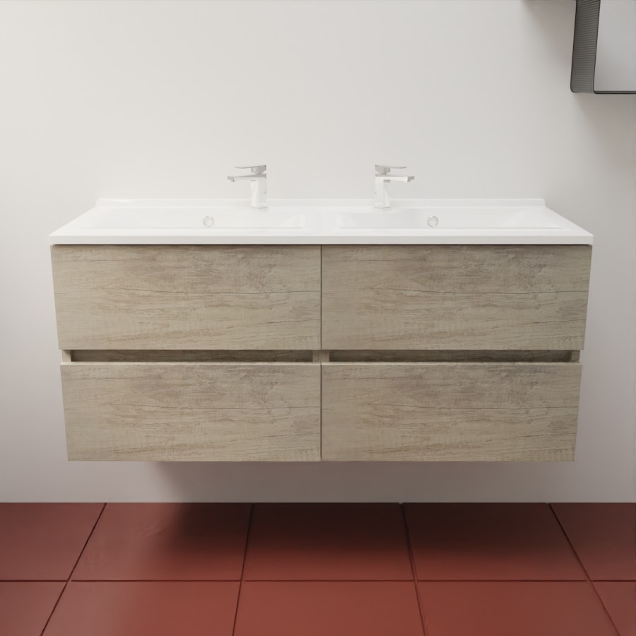 Ensemble meuble salle de bain 120 cm en inox coloris chêne et plan double vasque en résine 46 cm de profondeur