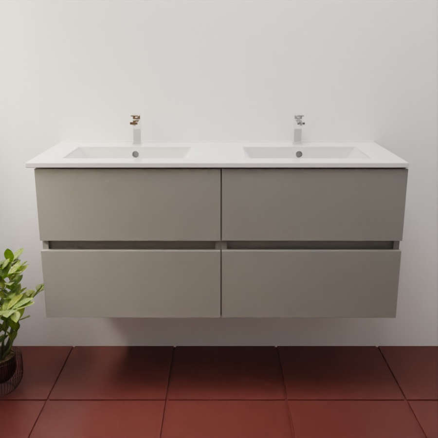 Ensemble meuble salle de bain 120 cm en inox coloris gris mat et plan double vasque en céramique 46 cm de profondeur