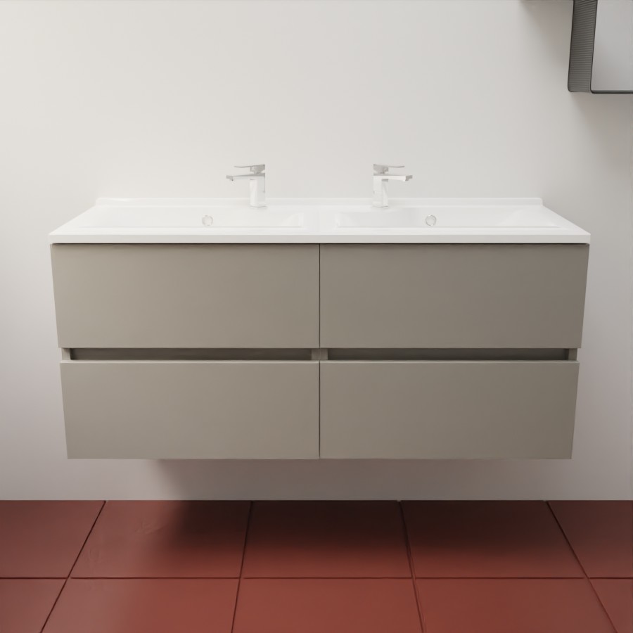 Ensemble meuble salle de bain 120 cm en inox coloris gris mat et plan double vasque en résine 46 cm de profondeur