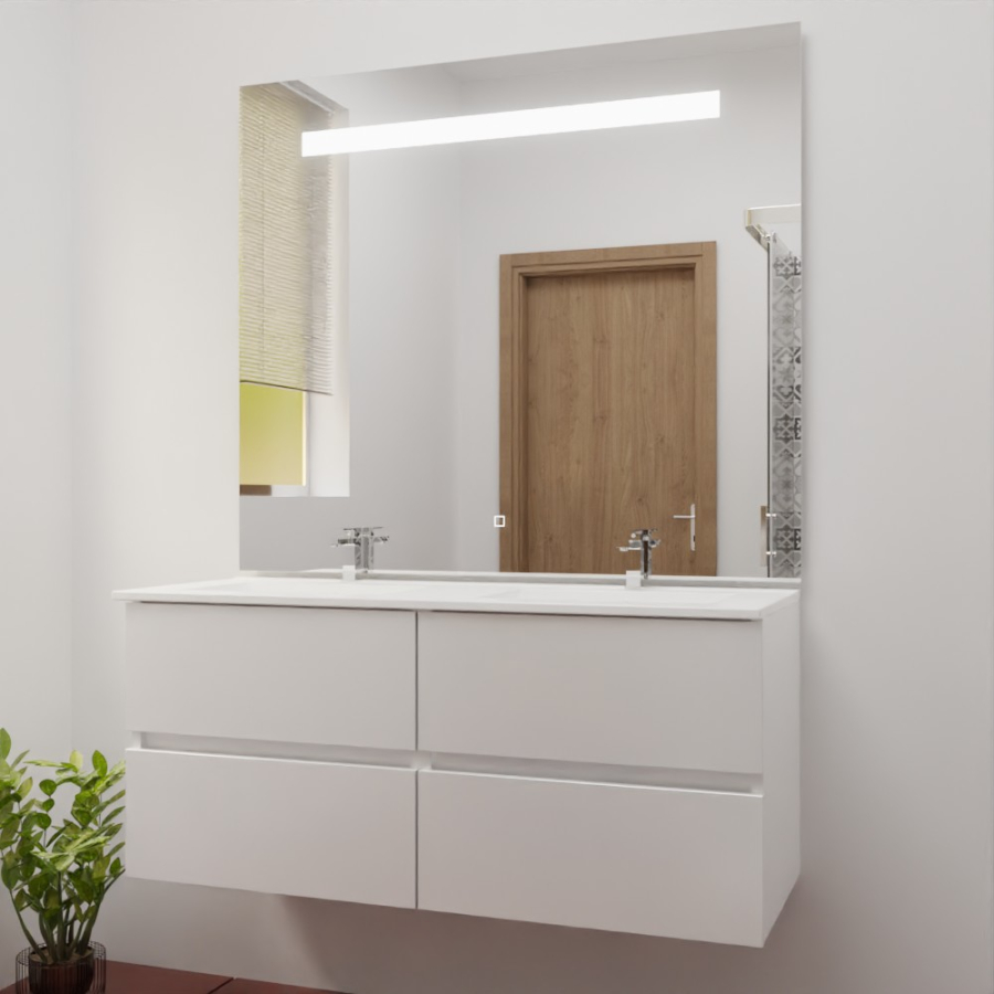 Ensemble meuble salle de bain 120 cm x 46 cm ROSINOX avec meuble à tiroir coloris blanc mat, plan double vasque en céramique et miroir LED élégance 120 cm x 105 cm de hauteur