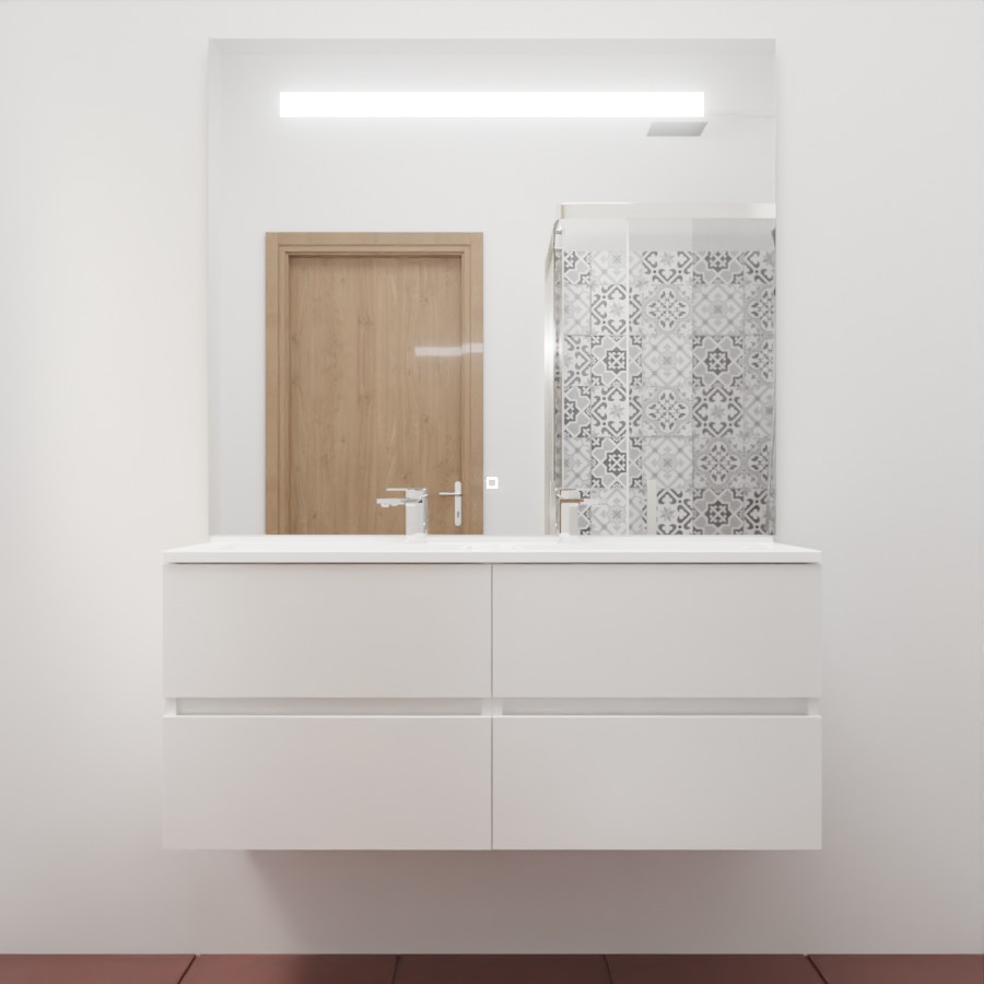 Ensemble meuble salle de bain 120 cm x 46 cm ROSINOX avec meuble à tiroir coloris blanc mat, plan double vasque en résine et miroir LED élégance 120 cm x 105 cm de hauteur