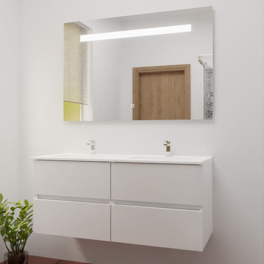 Ensemble meuble salle de bain 120 cm x 46 cm ROSINOX avec meuble à tiroir coloris blanc mat, plan double vasque en céramique et miroir LED élégance 120 cm x 80 cm de hauteur