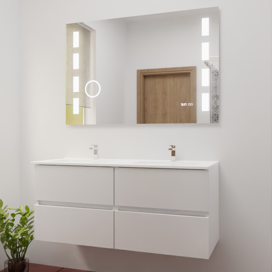 Ensemble meuble salle de bain 120 cm x 46 cm ROSINOX avec meuble à tiroir coloris blanc mat, plan double vasque en céramique et miroir LED et fonction loupe excellence 120 cm x 80 cm de hauteur