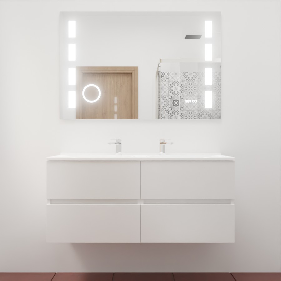 Ensemble meuble salle de bain 120 cm x 46 cm ROSINOX avec meuble à tiroir coloris blanc mat, plan double vasque en résine et miroir LED et fonction loupe excellence 120 cm x 80 cm de hauteur