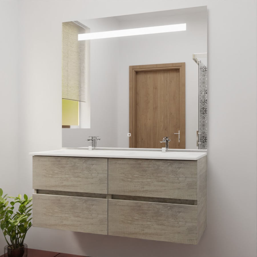 Ensemble meuble salle de bain 120 cm x 46 cm ROSINOX avec meuble à tiroir coloris chene, plan double vasque en céramique et miroir LED élégance 120 cm x 105 cm de hauteur