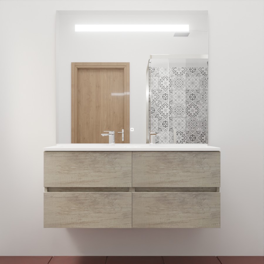 Ensemble meuble salle de bain 120 cm x 46 cm ROSINOX avec meuble à tiroir coloris chene, plan double vasque en résine et miroir LED élégance 120 cm x 105 cm de hauteur