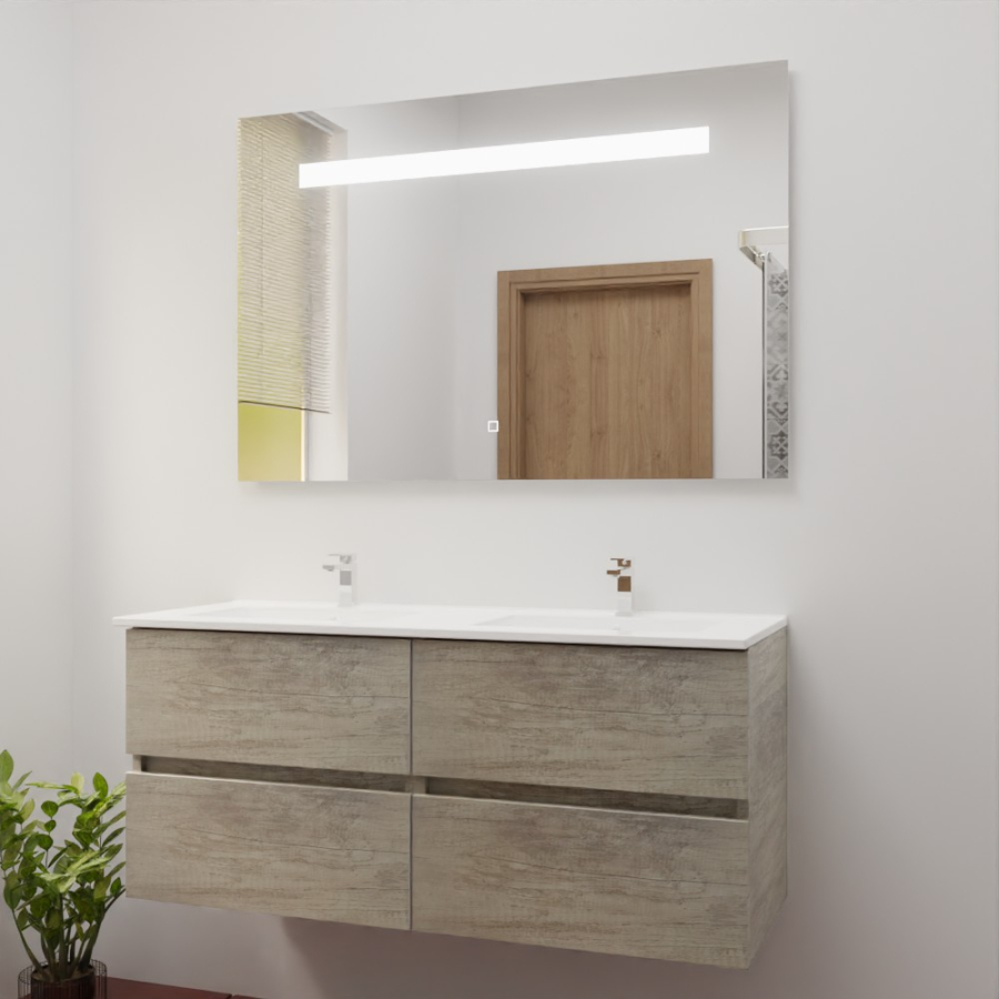 Ensemble meuble salle de bain 120 cm x 46 cm ROSINOX avec meuble à tiroir coloris chene, plan double vasque en céramique et miroir LED élégance 120 cm x 80 cm de hauteur