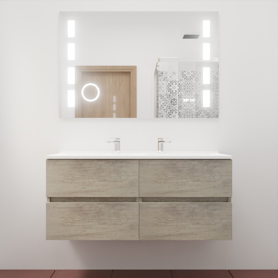Ensemble meuble salle de bain 120 cm x 46 cm ROSINOX avec meuble à tiroir coloris chene, plan double vasque en résine et miroir LED et fonction loupe excellence 120 cm x 80 cm de hauteur
