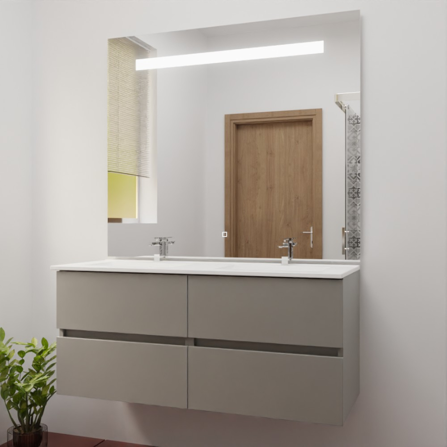 Ensemble meuble salle de bain 120 cm x 46 cm ROSINOX avec meuble à tiroir coloris gris clair mat, plan double vasque en céramique et miroir LED élégance 120 cm x 105 cm de hauteur