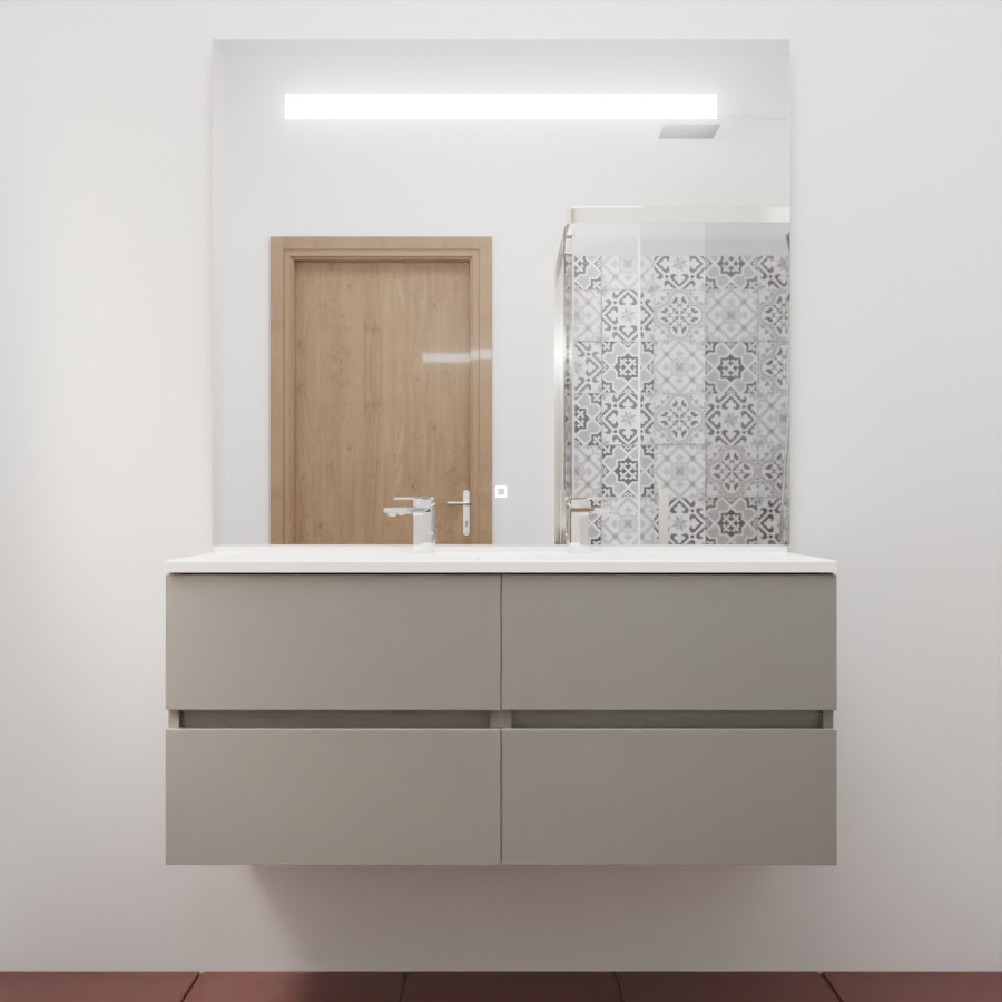 Ensemble meuble salle de bain 120 cm x 46 cm ROSINOX avec meuble à tiroir coloris gris clair mat, plan double vasque en résine et miroir LED élégance 120 cm x 105 cm de hauteur