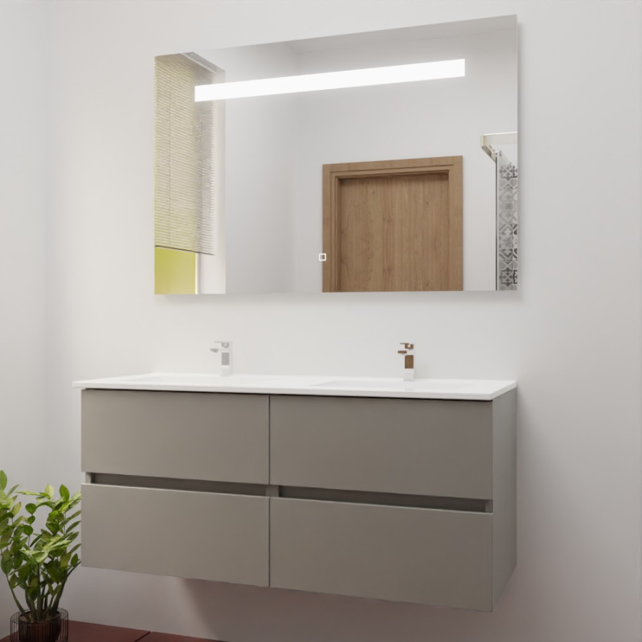 Ensemble meuble salle de bain 120 cm x 46 cm ROSINOX avec meuble à tiroir coloris gris clair mat, plan double vasque en céramique et miroir LED élégance 120 cm x 80 cm de hauteur