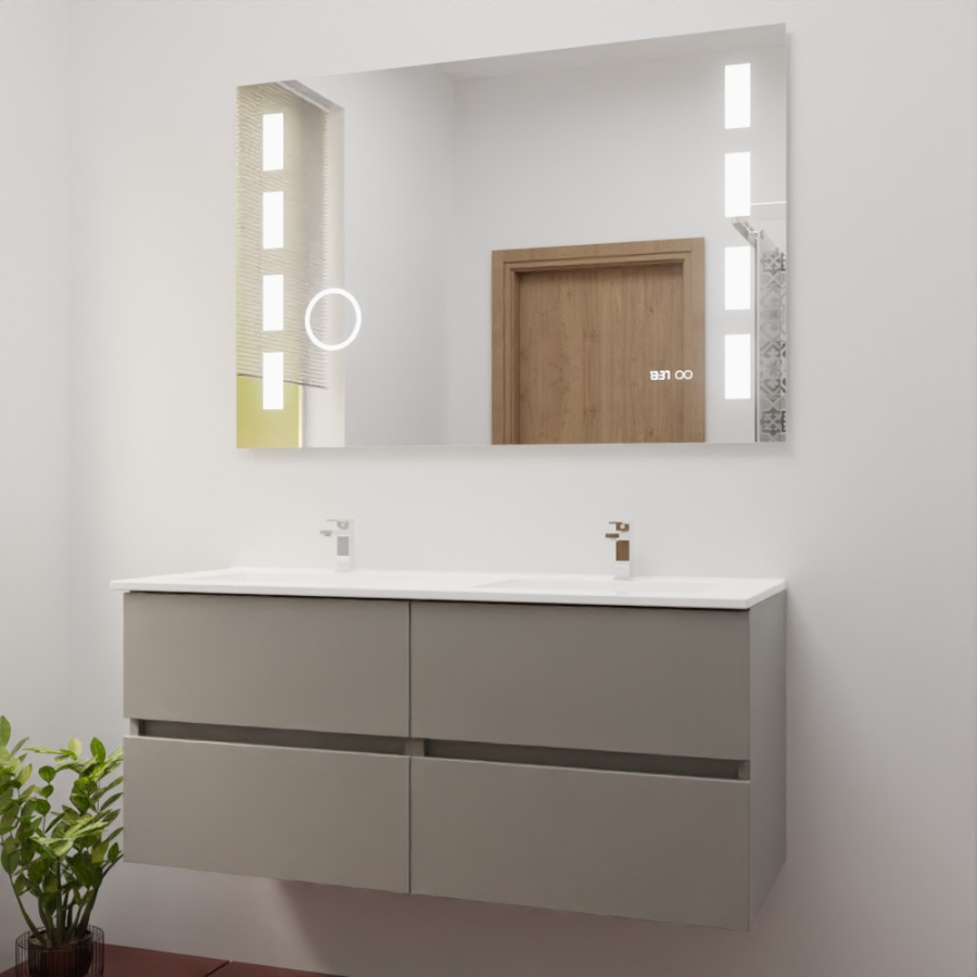 Ensemble meuble salle de bain 120 cm x 46 cm ROSINOX avec meuble à tiroir coloris gris clair mat, plan double vasque en céramique et miroir LED et fonction loupe excellence 120 cm x 80 cm de hauteur