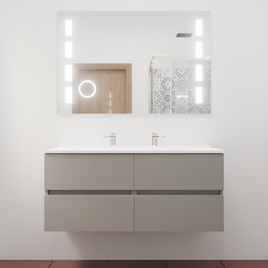 Ensemble meuble salle de bain 120 cm x 46 cm ROSINOX avec meuble à tiroir coloris gris clair mat, plan double vasque en résine et miroir LED et fonction loupe excellence 120 cm x 80 cm de hauteur