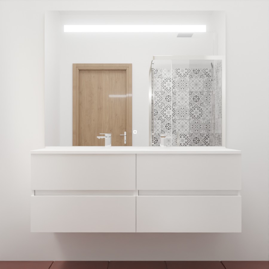 Ensemble meuble salle de bain 140 cm x 46 cm ROSINOX avec meuble à tiroir coloris blanc mat, plan double vasque en résine et miroir LED élégance 140 cm x 105 cm de hauteur