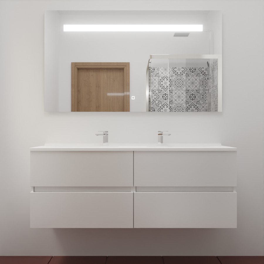 Ensemble meuble salle de bain 140 cm x 46 cm ROSINOX avec meuble à tiroir coloris blanc mat, plan double vasque en résine et miroir LED élégance 140 cm x 80 cm de hauteur