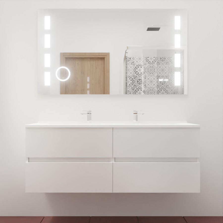 Ensemble meuble salle de bain 140 cm x 46 cm ROSINOX avec meuble à tiroir coloris blanc mat, plan double vasque en résine et miroir LED et fonction loupe excellence 140 cm x 80 cm de hauteur