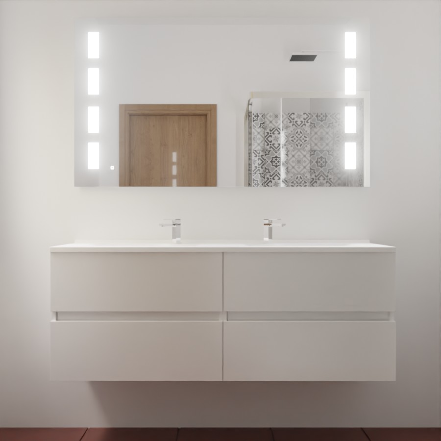 Ensemble meuble salle de bain 140 cm x 46 cm ROSINOX avec meuble à tiroir coloris blanc mat, plan double vasque en résine et miroir LED prestige 140 cm x 80 cm de hauteur