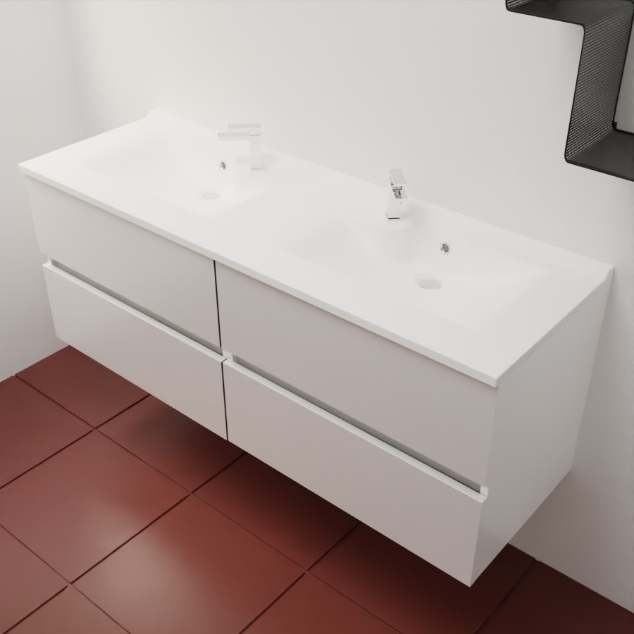 Ensemble meuble salle de bain 140 cm blanc vue de dessus avec plan double vasque en résine blanc